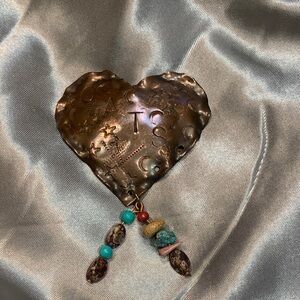 🌹Vintage Handmade Genuine Copper & Stones Heart Pin Brooches Cats Written on it